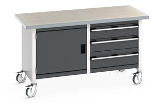 Bott Cubio Mobile Storage Workbench 1500mm wide x 750mm Deep x 840mm high supplied with a Linoleum worktop (particle board core with grey linoleum surface and plastic edgebanding), 3 x drawers (2 x 150mm & 1 x 200mm high) and 1 x 500mm high... 1500mm Wide Mobile Moveable Industrial Storage Benches with Cupboards and Drawers
